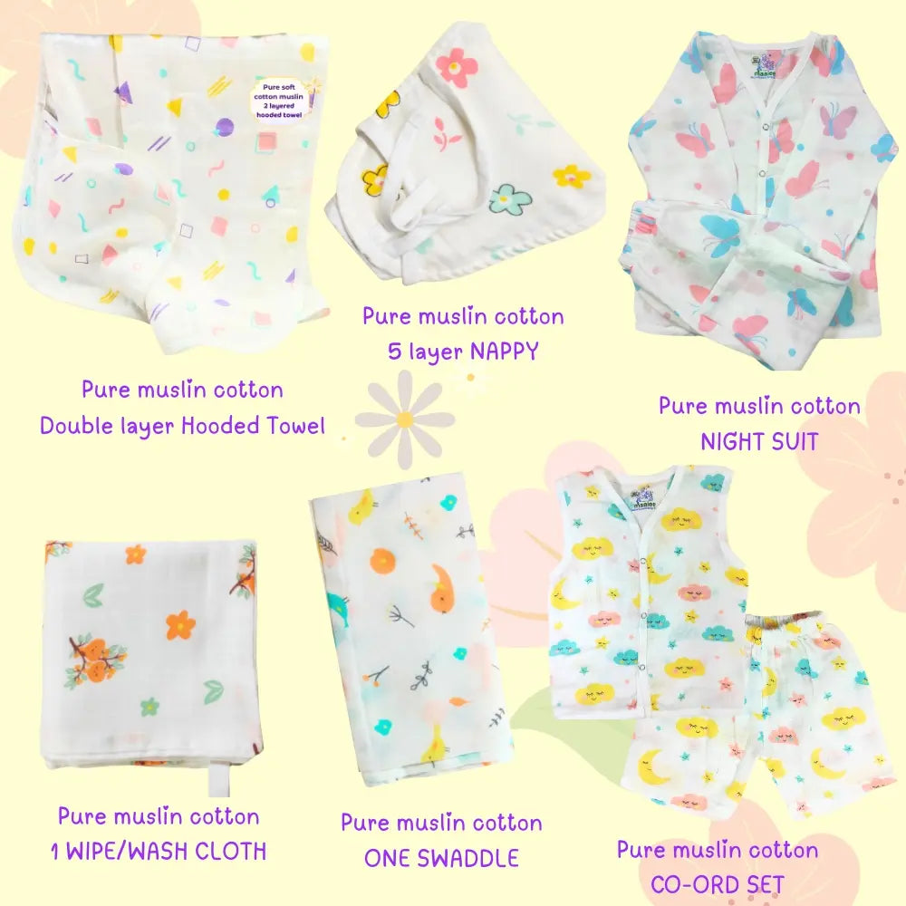 Maaiee newborn essentials set featuring night suit, nappy, towel, wipes and soft muslin swaddle
