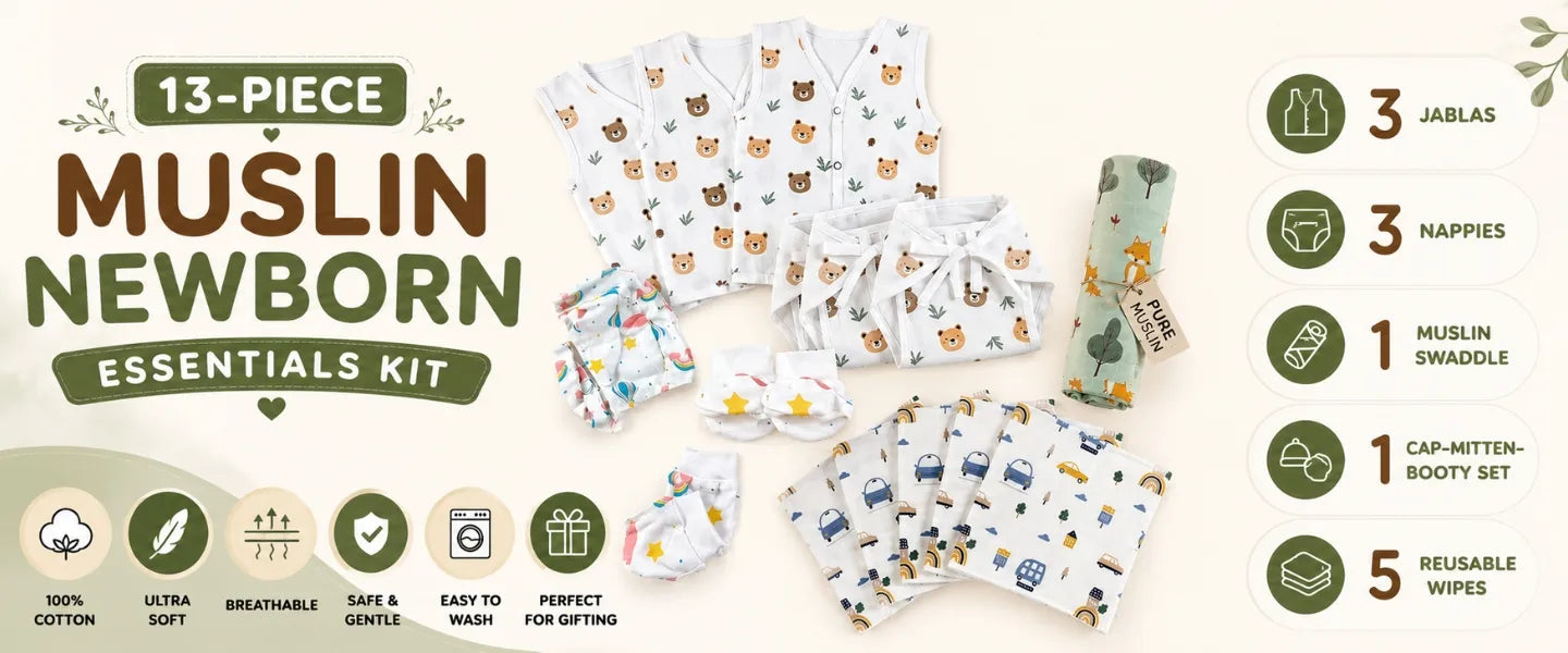 newborn kit with muslin jablas, cloth nappies, swaddle and baby care essentials.