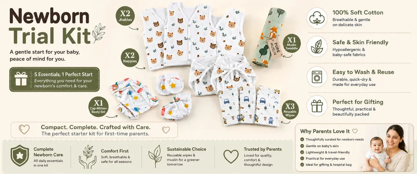 newborn essentials kit with breathable muslin clothing and reusable baby care accessories. Includes jablas, nappies, swaddle, cap-mitten-booty set and wipe