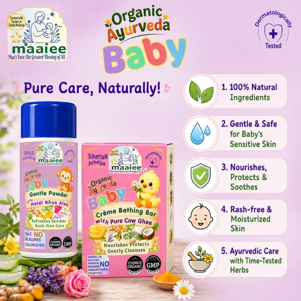 maaiee newborn powder and soap made with cow ghee and turmeric