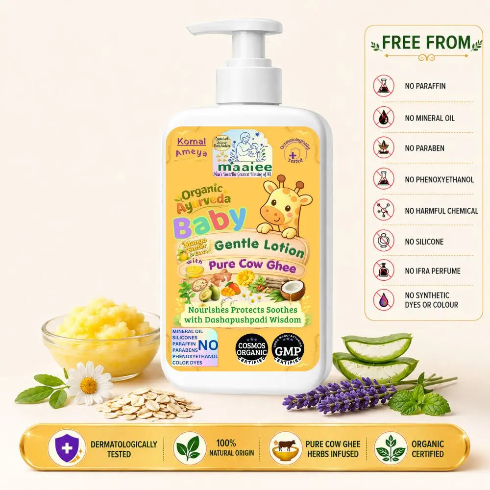 Maaiee organic certified baby lotion with cow ghee, botanical oils and gentle hydration for delicate newborn skin