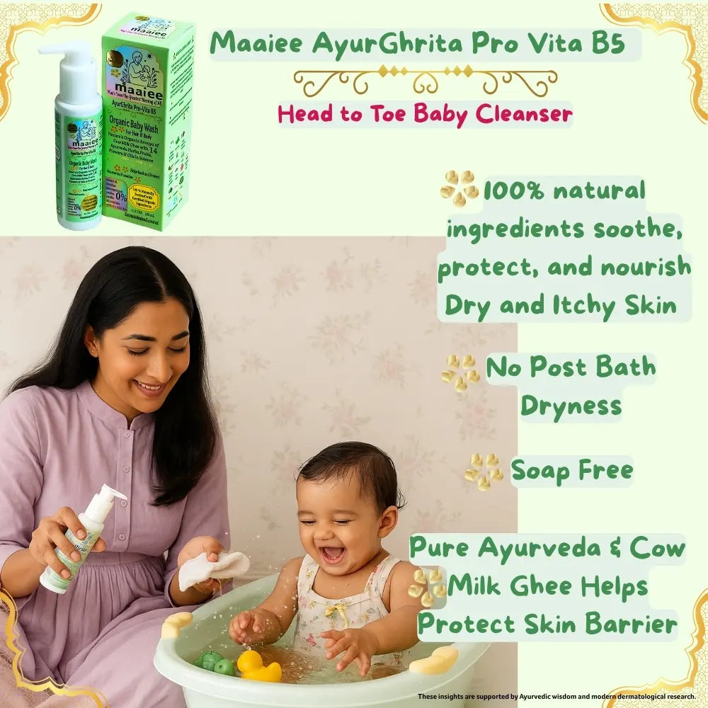 Mother with her baby using Maaiee organic baby wash made with pure cow milk ghee