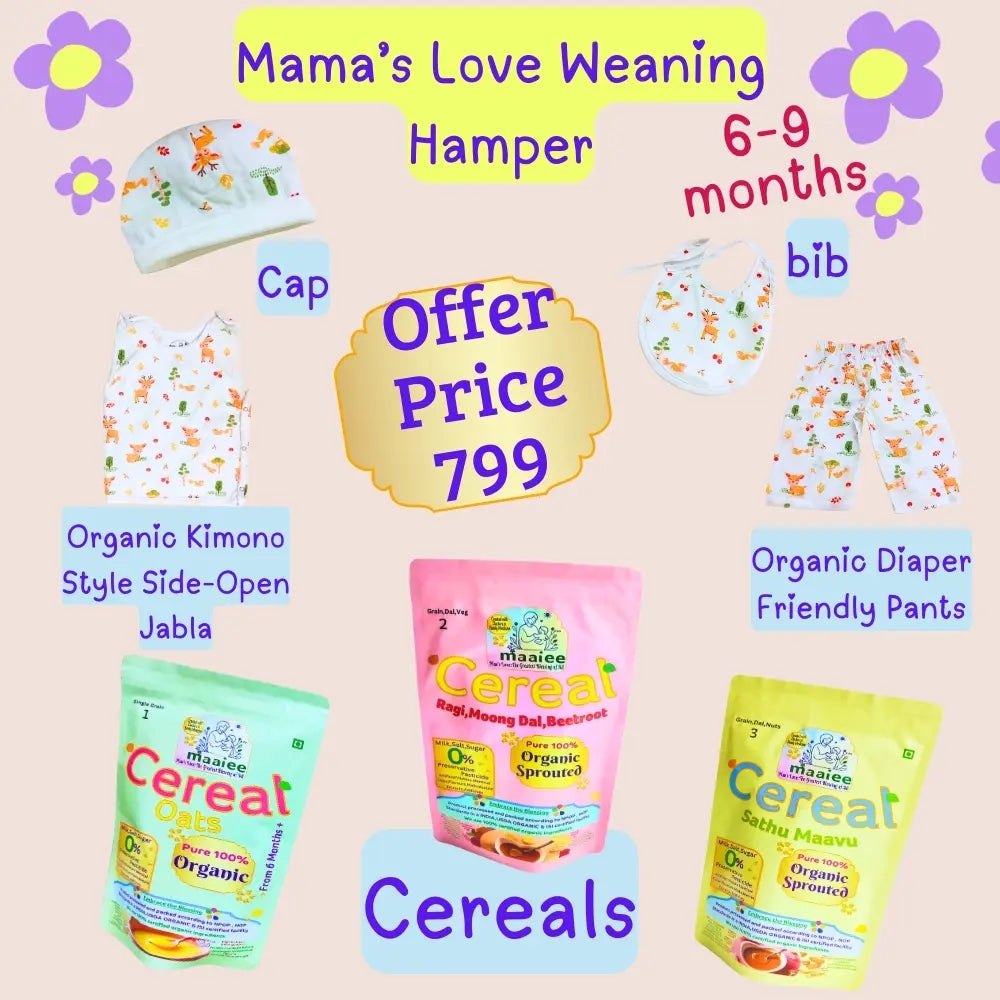 Organic baby weaning hamper with sprouted cereals, kimono style jabla, pants, cap and bib gift set by Maaiee