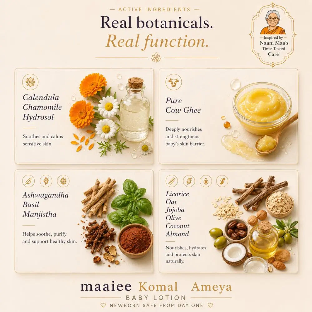 Maaiee baby lotion with organic ingredients, cow ghee, botanical oils and gentle Ayurvedic newborn skin care