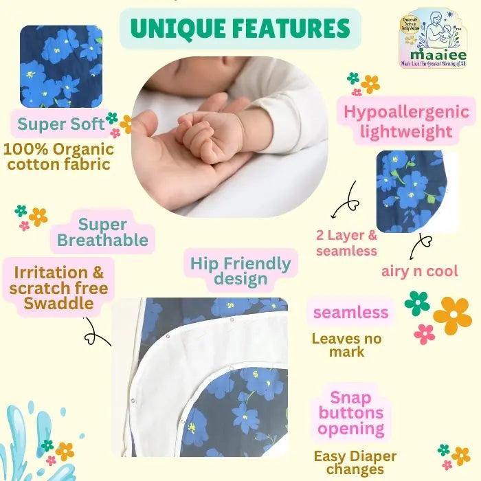 Maaiee Little Blossoms sleep bag offering womb-like softness that helps babies feel settled