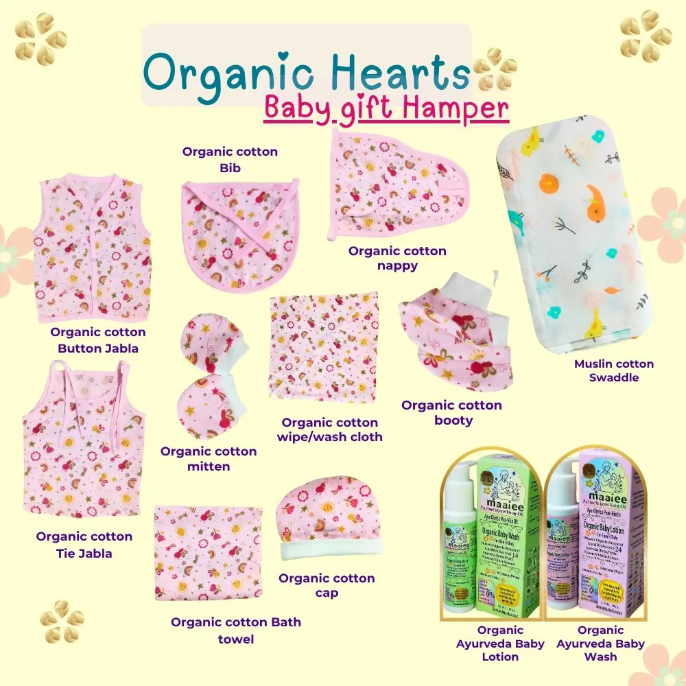Maaiee Organic Hearts baby set arranged with soft cotton essentials designed for gentle newborn care