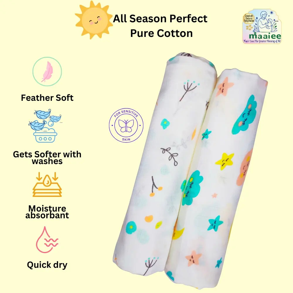 Maaiee organic muslin swaddle with all-season use and soft fabric features.