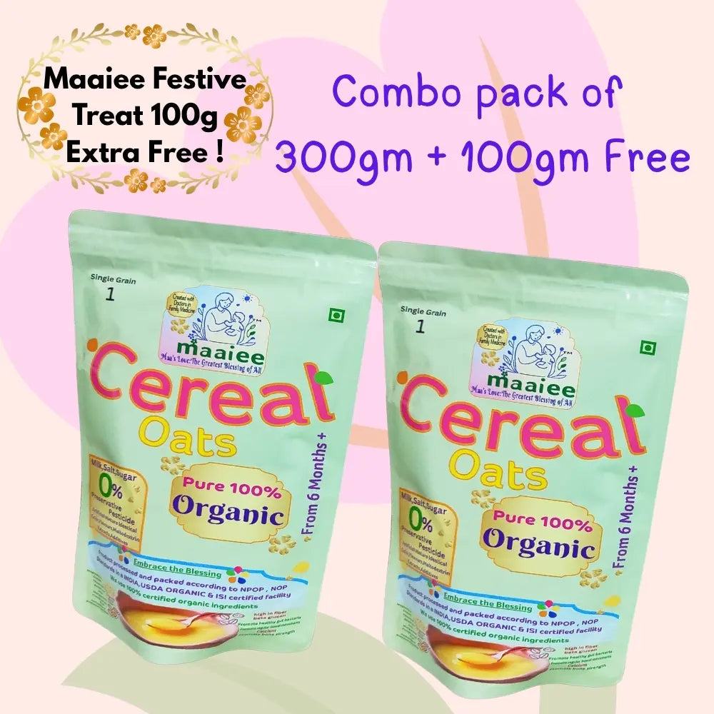 Maaiee organic oats porridge with a festive 100 g free offer.