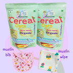 Maaiee organic sprouted oats porridge pack of two shown with a soft muslin wipe and an organic bib in a clean gift-style set.