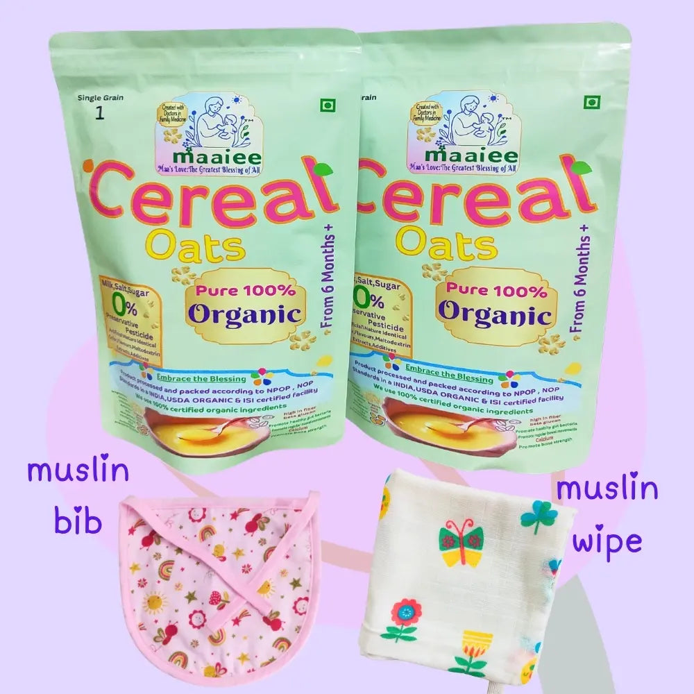 Maaiee organic sprouted oats porridge pack of two shown with a soft muslin wipe and an organic bib in a clean gift-style set.