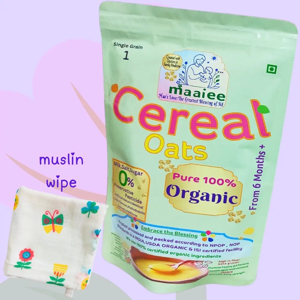 Maaiee organic sprouted oats porridge shown together with a soft muslin wipe or burp cloth in a clean gift-style set.