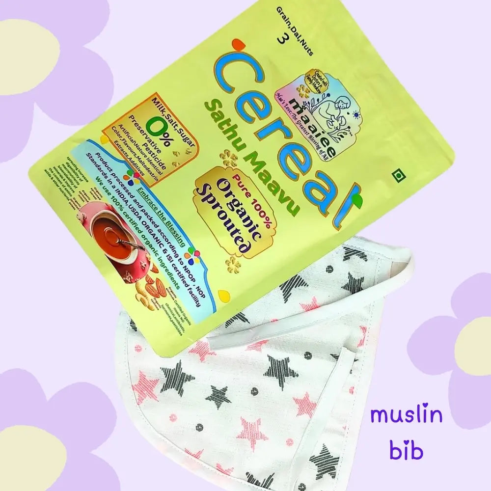 Maaiee organic sprouted sathu maavu porridge and organic bib as a gift pack.