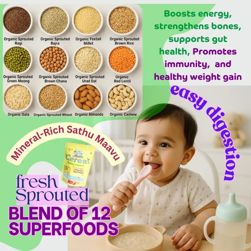 Maaiee organic sprouted sathu maavu made from sprouted millets, pulses and grains.