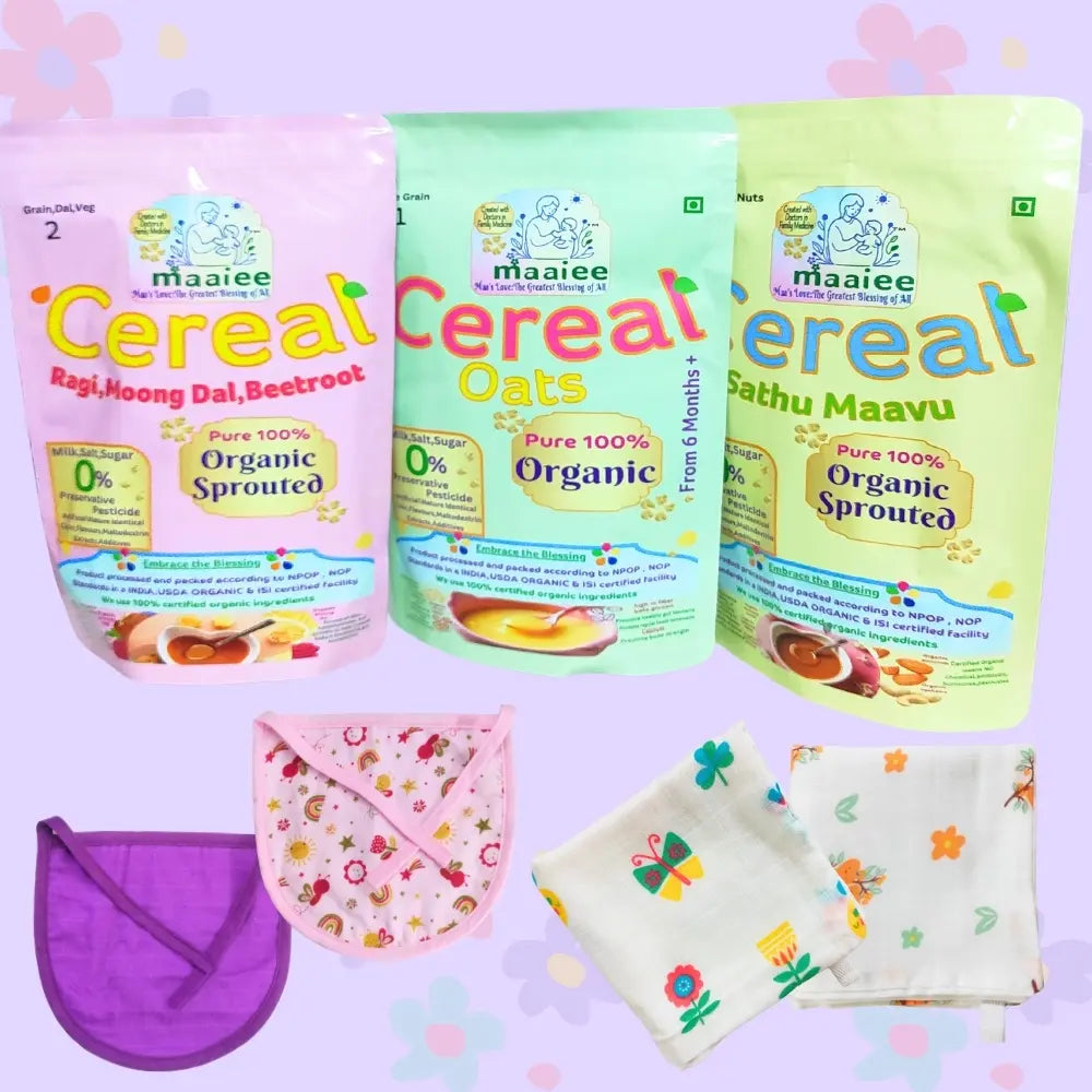Maaiee organic sprouted cereal saver pack of three—Oats, Ragi Moong Dal Beetroot, and Sathu Maavu—shown with two muslin wipes and two organic bibs in a clean gift-style set.