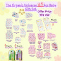 Maaiee Organic Universe Baby Gift Set with organic baby lotion, baby wash and cotton muslin clothing hamper for newborn skin care and gifting