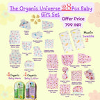 Maaiee Organic Universe Baby Gift Set with organic baby lotion, baby wash and cotton muslin clothing hamper for newborn skin care and gifting