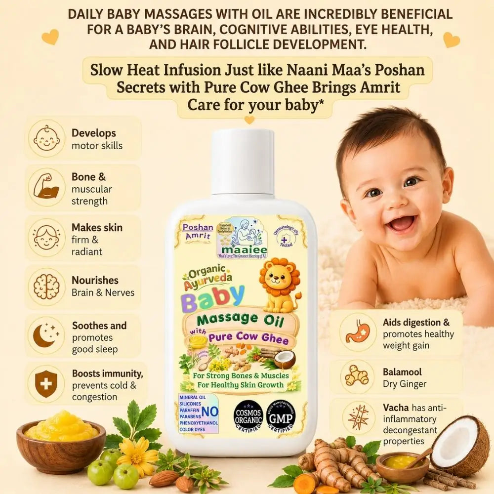 Maaiee Poshan Amrit baby massage oil with cow ghee, Ayurvedic herbs and nourishing newborn massage rituals