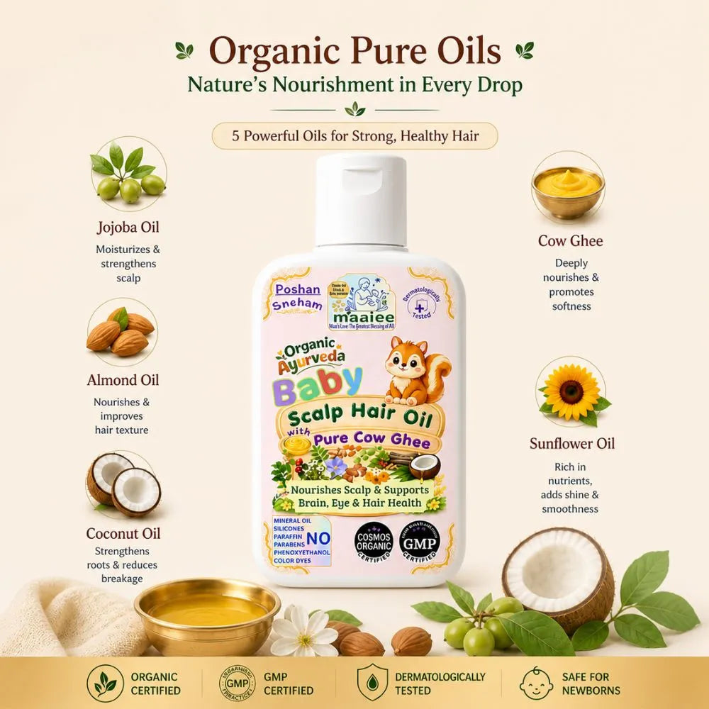 Maaiee Poshan Sneham baby hair oil with cow ghee, Ayurvedic scalp nourishment and cradle cap comfort