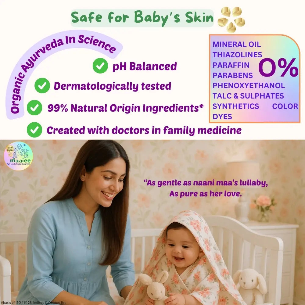 Maaiee product safety graphic with doctor-co-created, dermatologically tested and pH-balanced care.