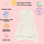 Maaiee pure cotton nappy shown with all-season soft breathable fabric that becomes softer with washes, absorbs moisture, dries quickly, and is suitable for sensitive skin.