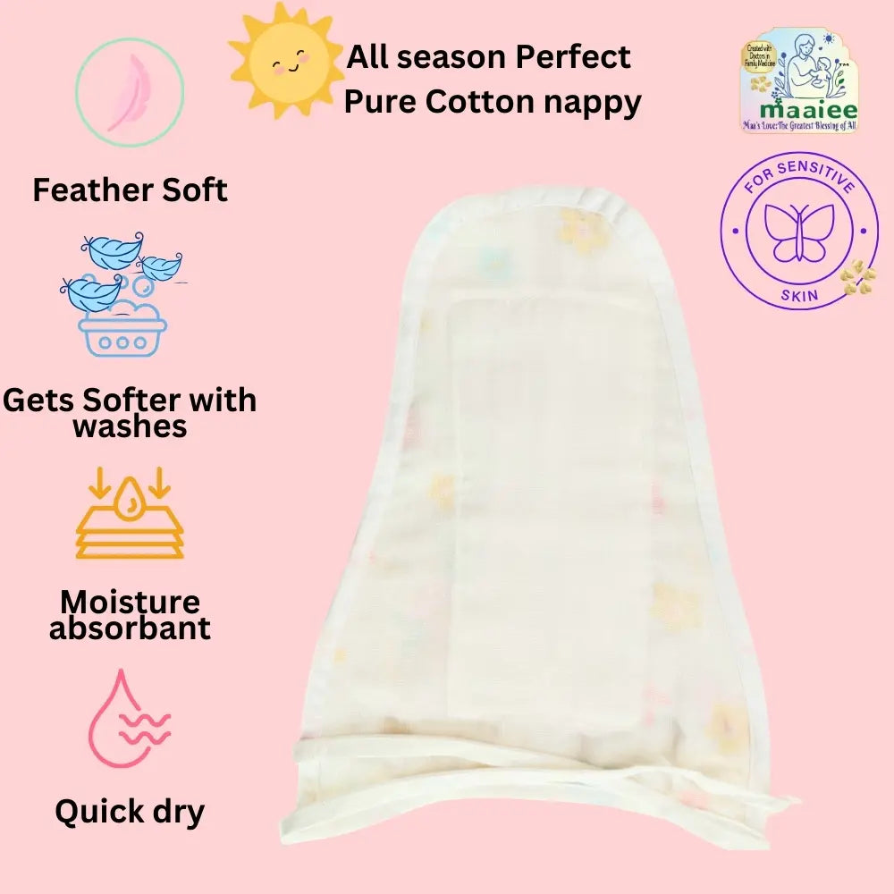 Maaiee pure cotton nappy shown with all-season soft breathable fabric that becomes softer with washes, absorbs moisture, dries quickly, and is suitable for sensitive skin.