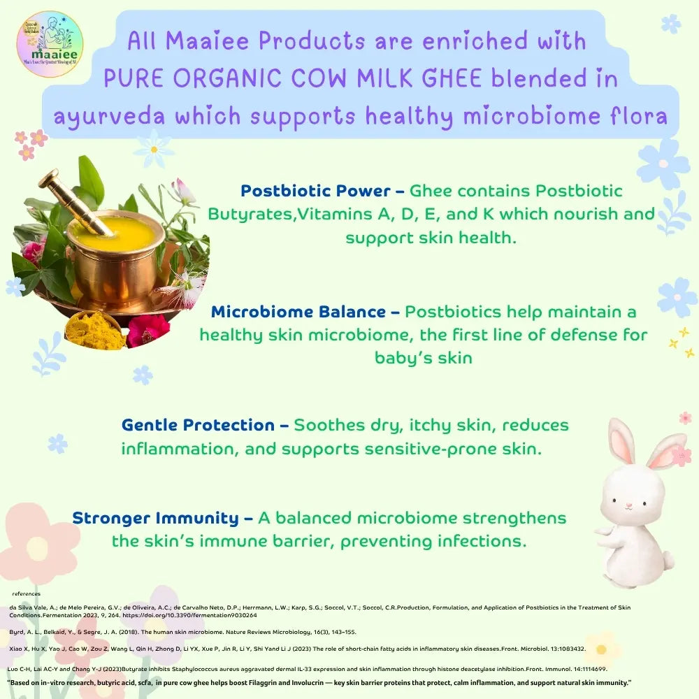 Pure organic cow milk ghee used in Maaiee baby care products.