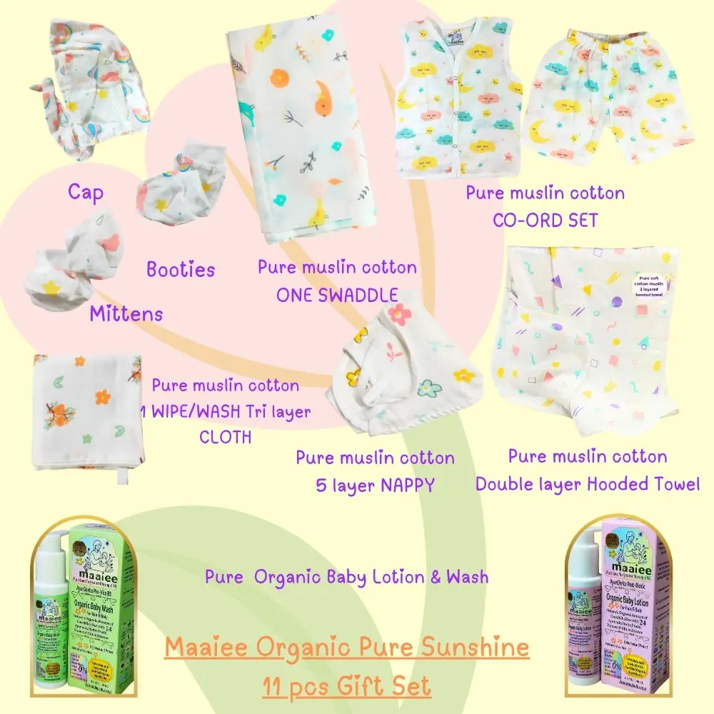 Maaiee Pure Sunshine newborn gift set with soft organic cotton essentials including jabla, pants, nappies and wipes.