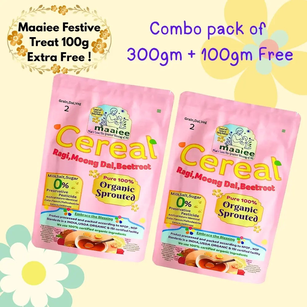 Maaiee organic sprouted ragi moong dal beetroot porridge pouch with a 100g free festive pack offer