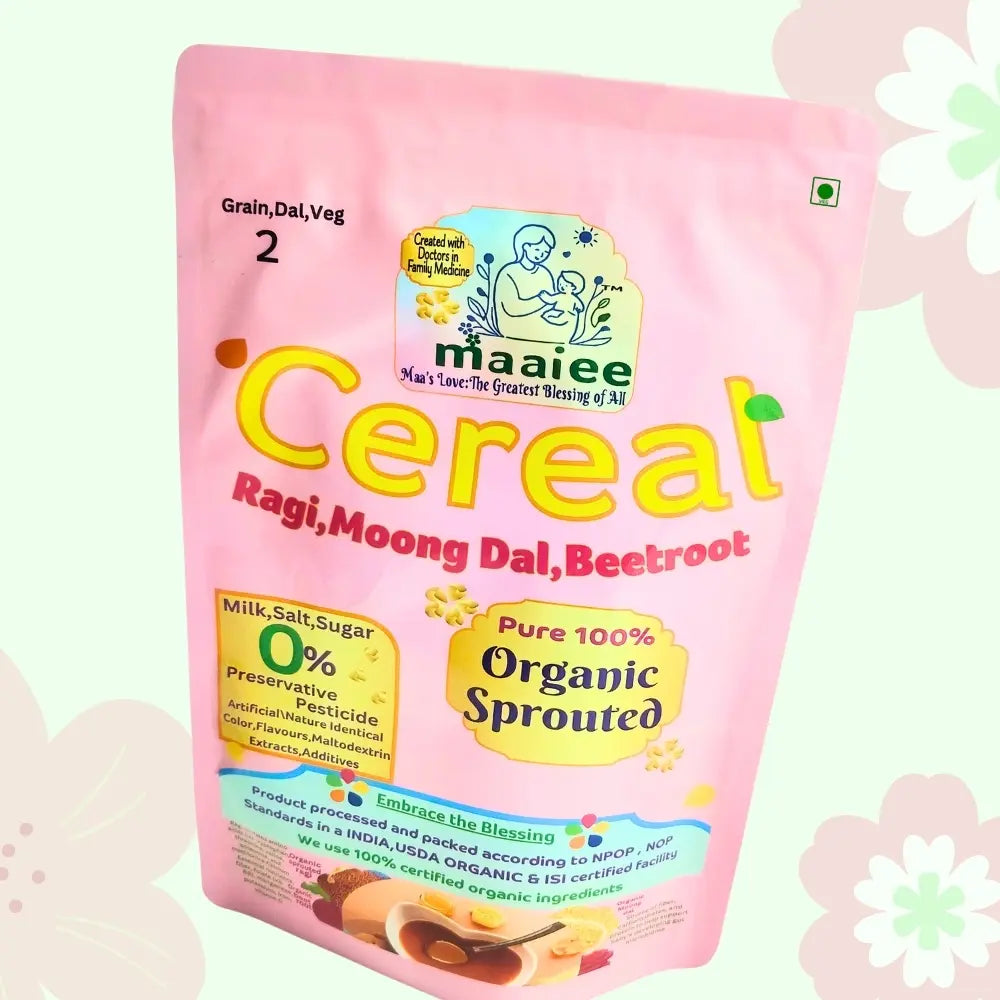 Front pack of Maaiee organic sprouted ragi moong dal beetroot porridge.