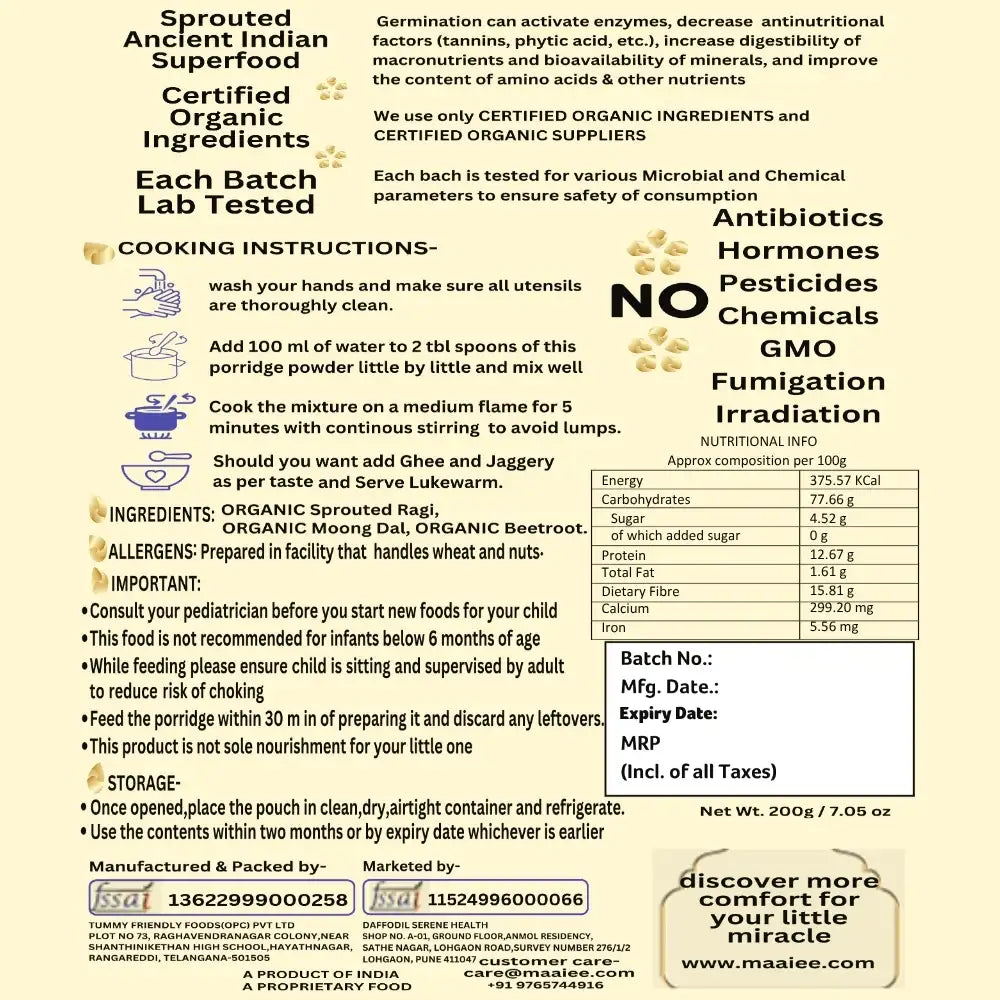 Back-of-pack showing how to cook Maaiee ragi moong dal beetroot porridge.