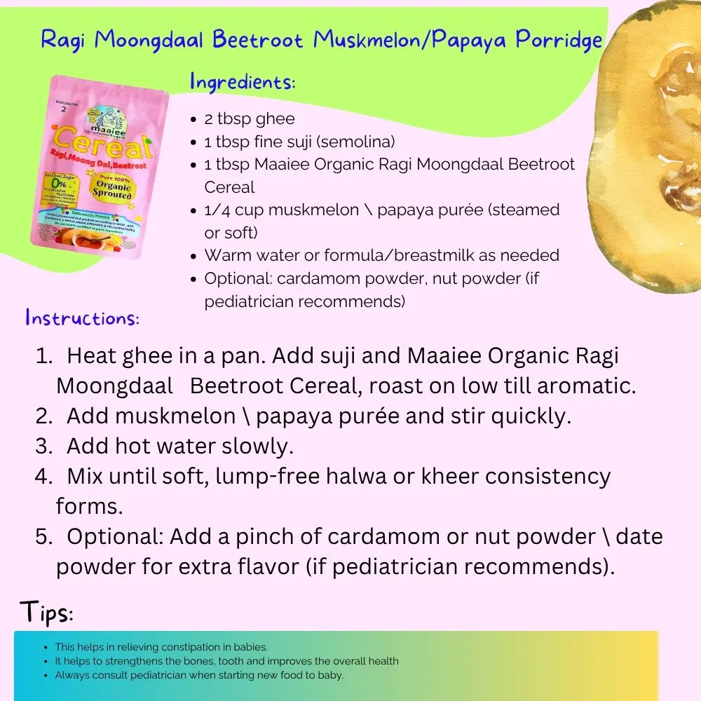 Maaiee ragi moong dal beetroot cereal recipe showing porridge with beetroot, muskmelon or papaya