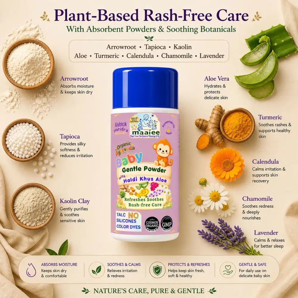 Maaiee talc-free baby powder for rash comfort, moisture balance and gentle skin protection for babies