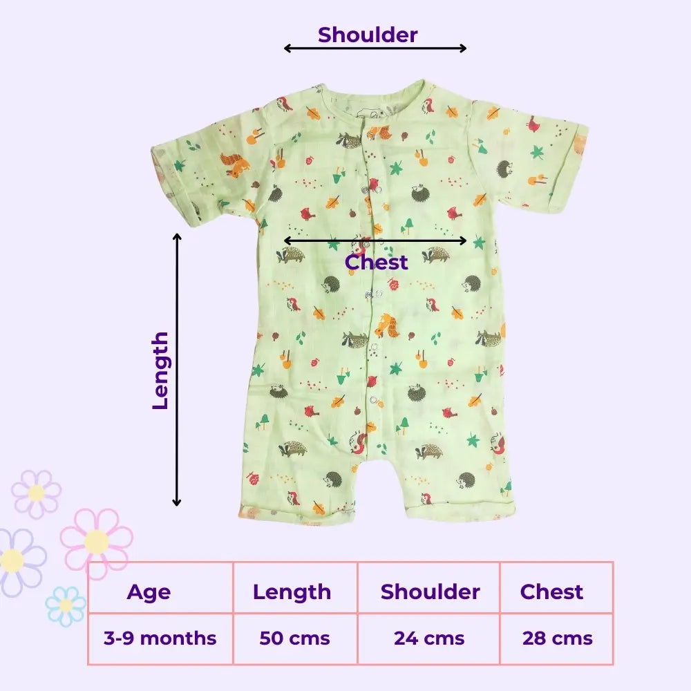 Maaiee romper size table showing measurements