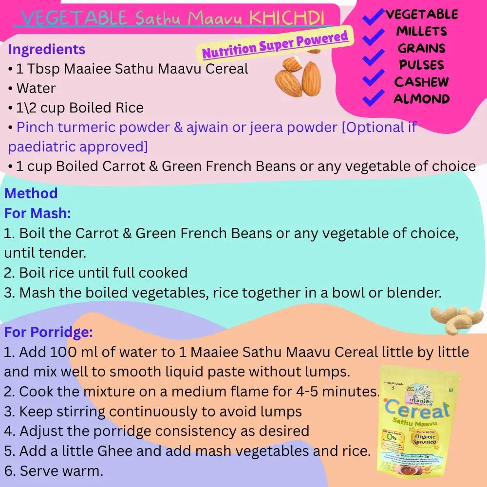 Sathu maavu vegetable khichdi recipe made using maaiee organic sprouted porridge