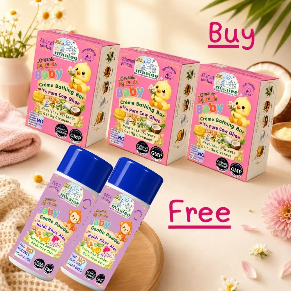 Value pack featuring three Maaiee Saumya Cow Ghee Baby Soaps and two Talc-Free Navpushpadi Baby Powders