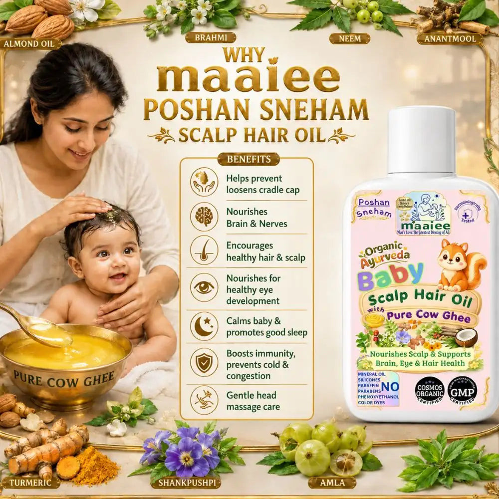 Maaiee baby cosmos organic scalp hair oil for scalp nourishment, cradle cap support, softness and gentle head massage care