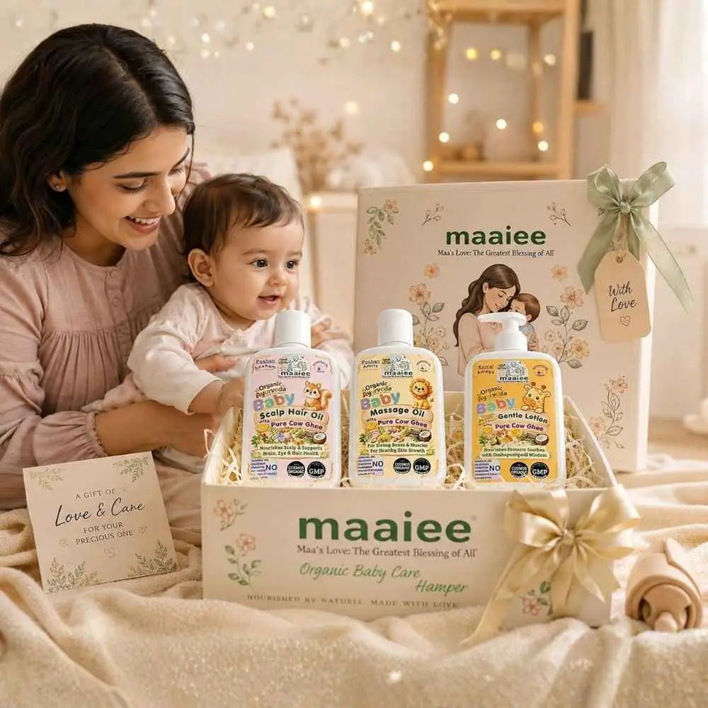 Maaiee Organic Baby Skin Ritual Kit with cow ghee massage oil, hair oil, gentle lotion and Ayurvedic baby skincare