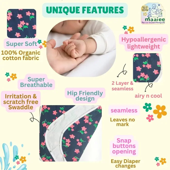 Maaiee Blossom Sprout sleep bag designed with a diaper-friendly roomy shape for easy movement