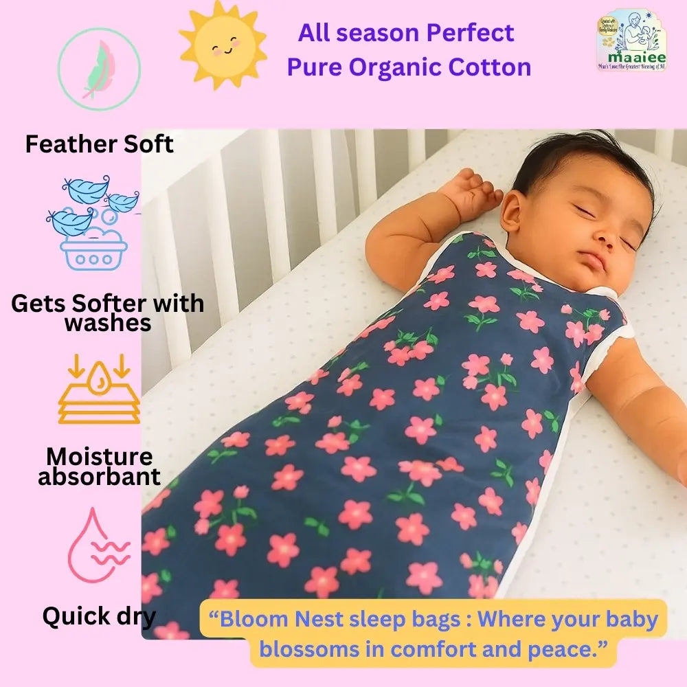 Maaiee Blossom Sprout sleep bag supporting hip-friendly comfort with a simple cotton snap button
