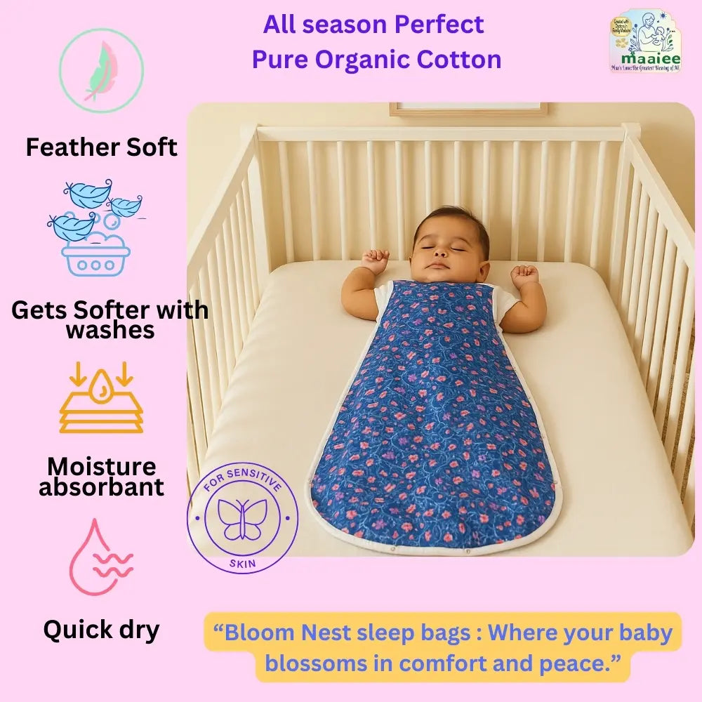 Maaiee Cotton Cloud sleep bag showing hip-friendly design with a pure cotton snap button