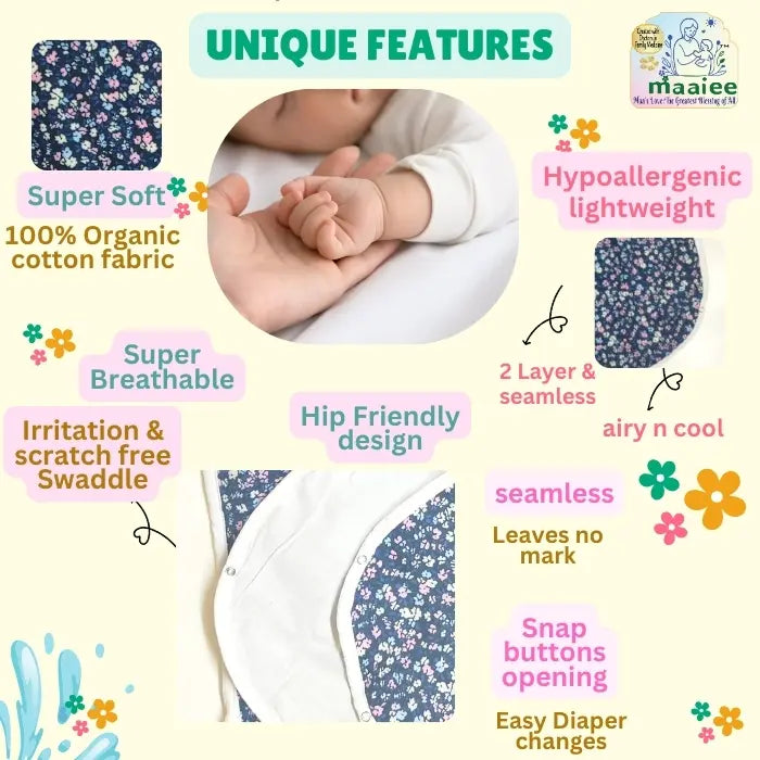 Maaiee Floral Navy sleep bag offering hip-friendly room with a gentle cotton snap button