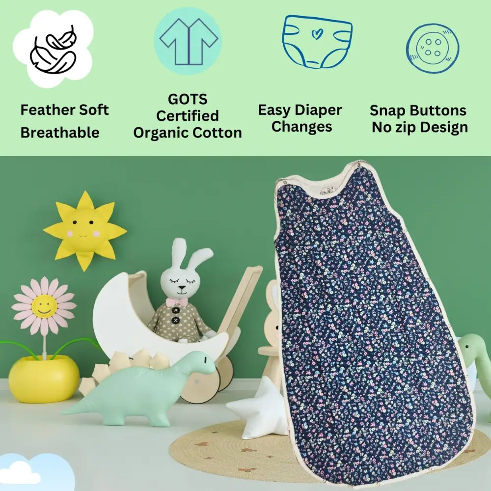 Maaiee Floral Navy sleep bag highlighting soft breathable features for cozy baby comfort