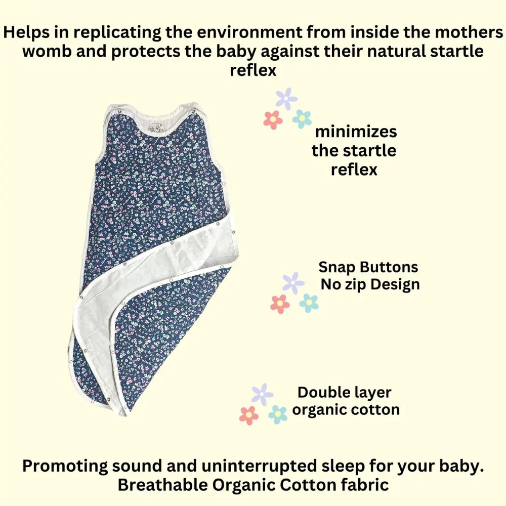 Maaiee Floral Navy sleep bag designed with womb-like softness to support calm baby rest
