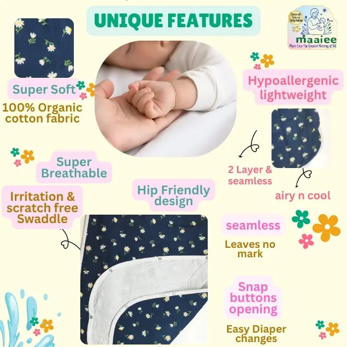 Maaiee Golden Bud sleep bag offering a diaper-friendly relaxed shape for easy movement
