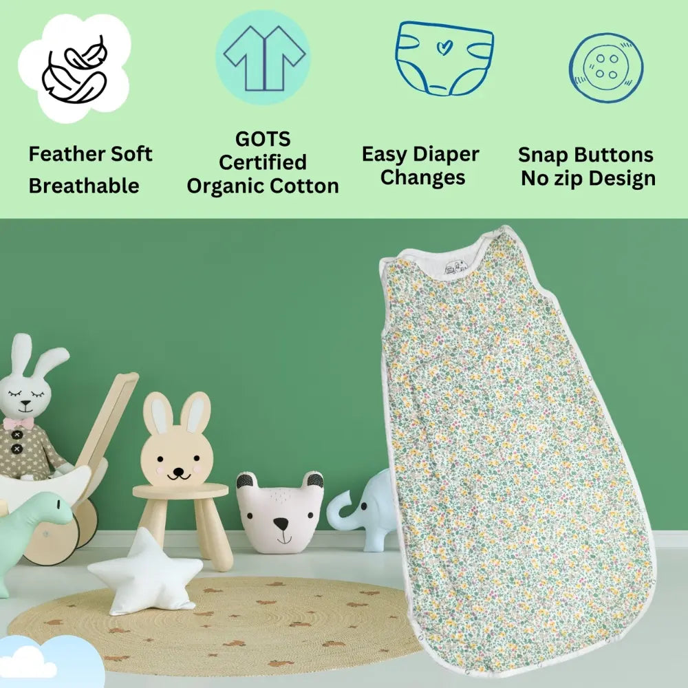 Maaiee Green Florals sleep bag with a diaper-friendly cut for easy relaxed movement