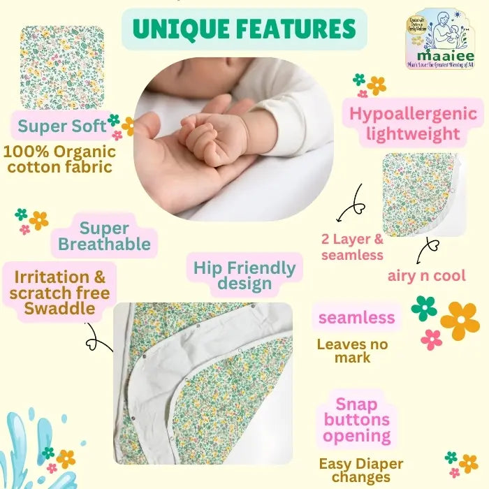Maaiee Green Florals sleep bag offering hip-friendly spacing and a smooth cotton snap button