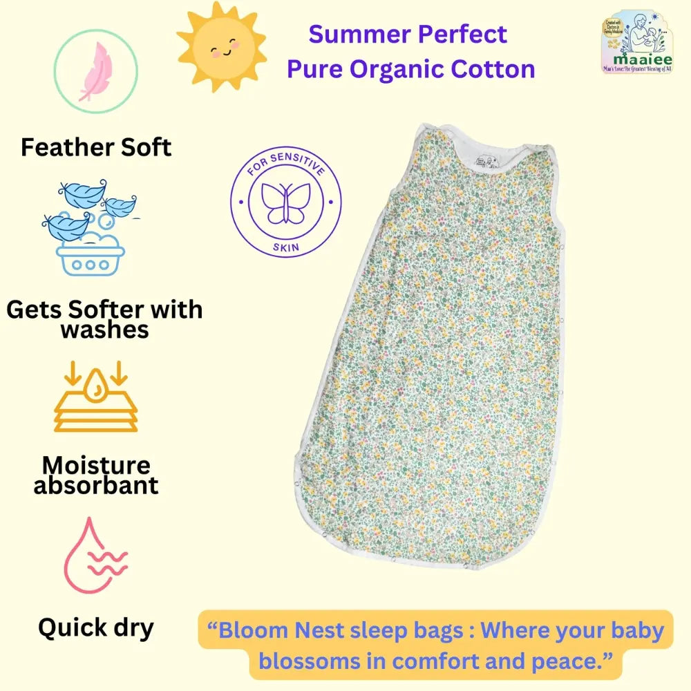 Maaiee Green Florals sleep bag crafted with soft breathable features for peaceful rest