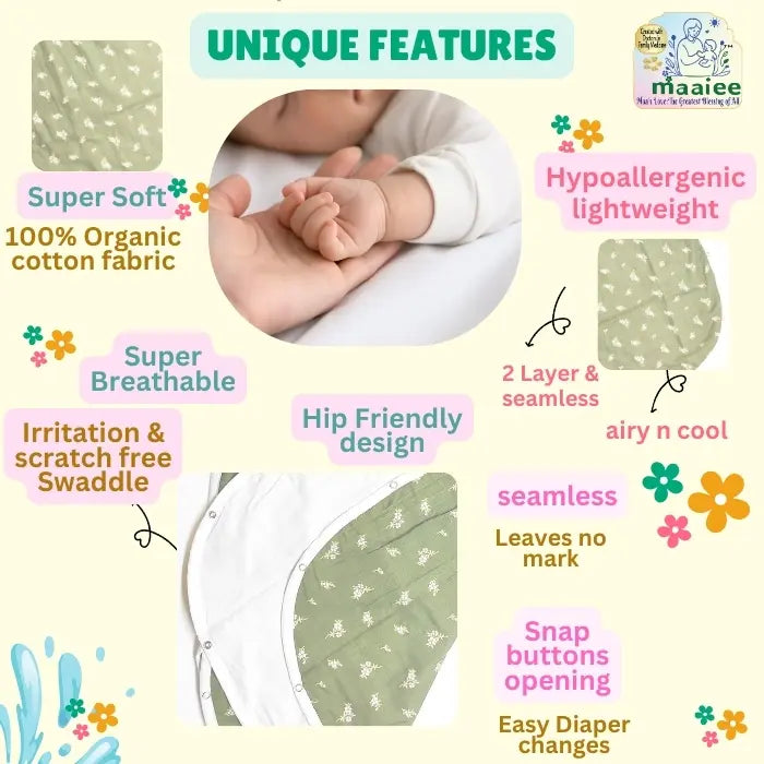 Maaiee Green Jasmine sleep bag providing a diaper-friendly fit that allows relaxed movement