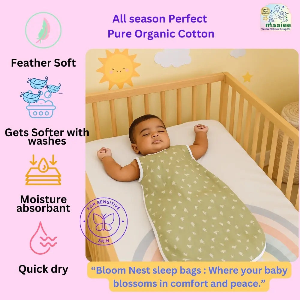 Maaiee Green Jasmine sleep bag made with hip-friendly width and a pure cotton snap button