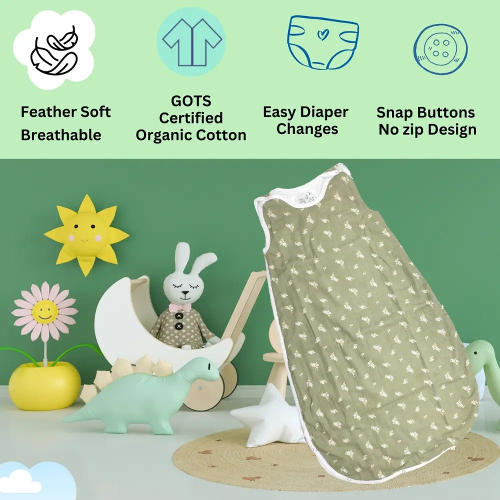 Maaiee Green Jasmine sleep bag made with soft breathable features for easy comfort